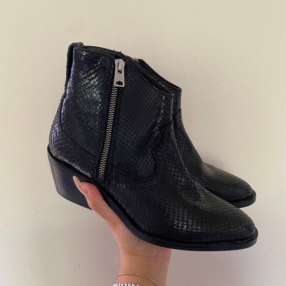 ALLSAINTS Black Carlotta Snake Print Leather Zip Booties Size 38 - Picture 2 of 8